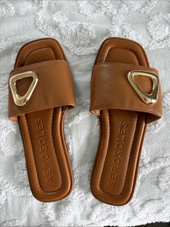 AEROSOLES Shoes - AEROSOLES Cognac Slide Sandals with Gold Accent
